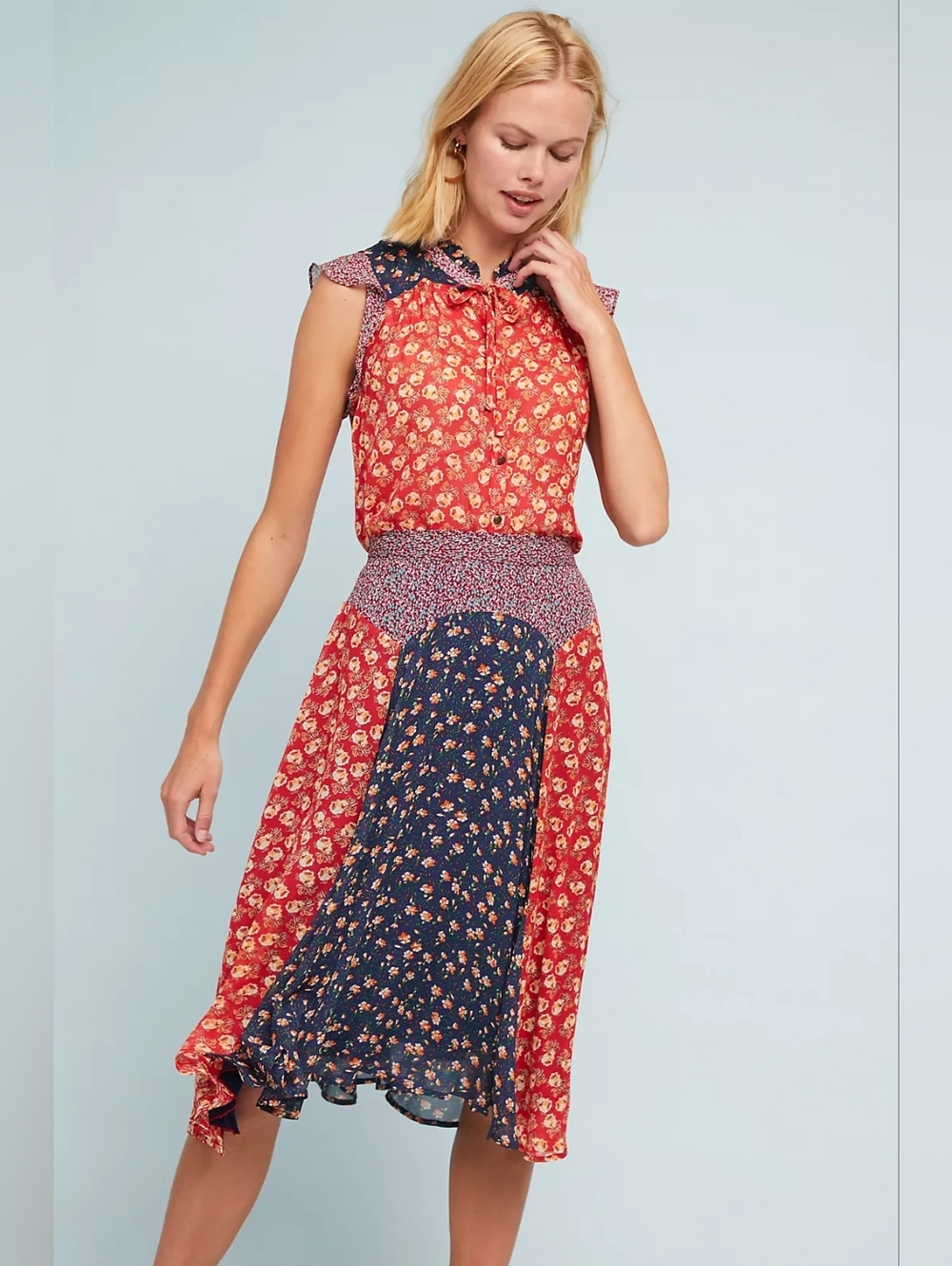 Anthropologie Red and Navy Mixed Floral Midi Skirt Size S - Picture 4 of 12
